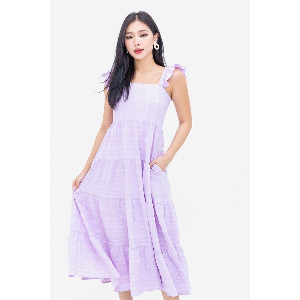 Auguste Purple Lilac Tiered‎ Ruffle Sleeve Delight Midi Dress Women's Sz 12